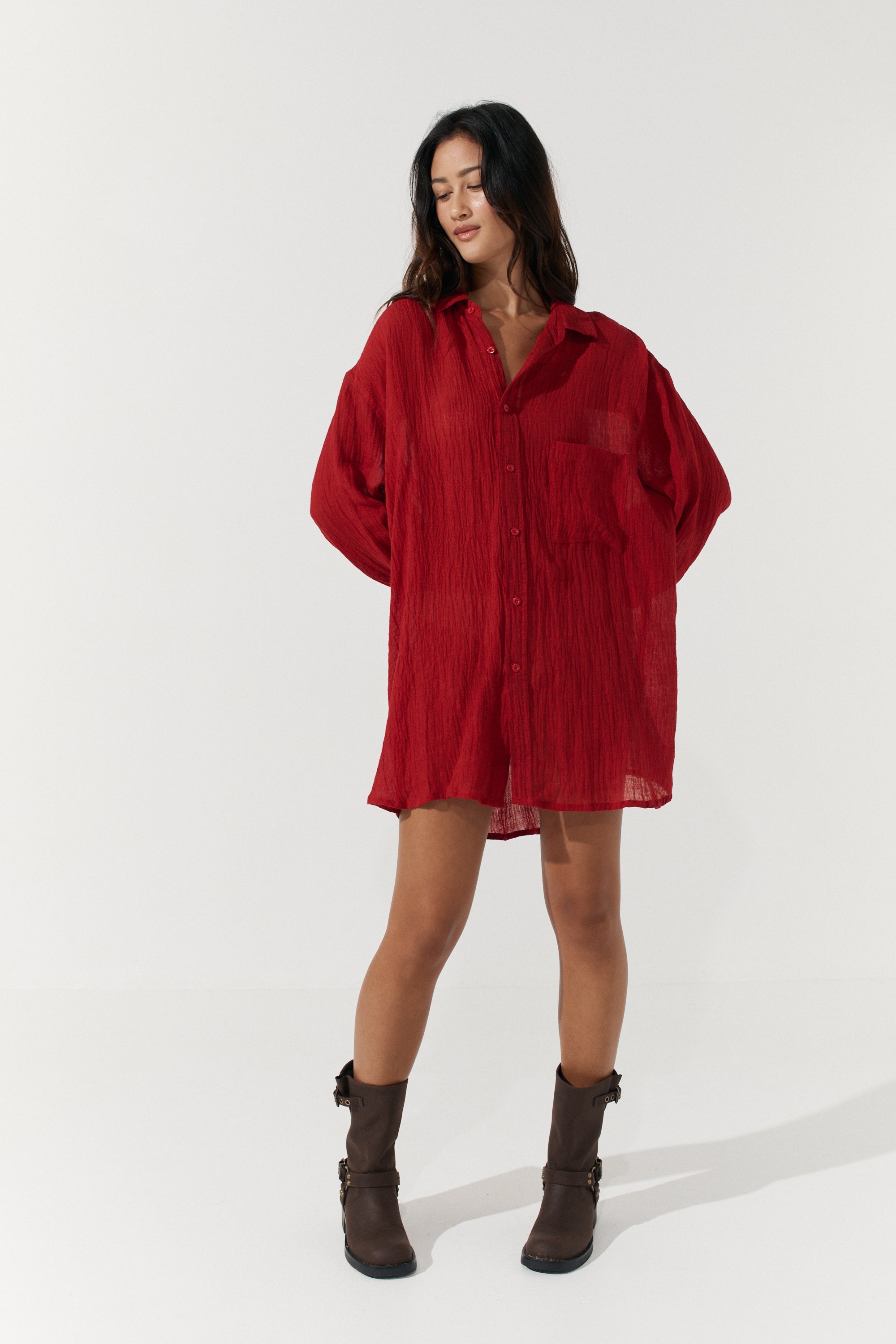 Josie Shirt Dress - Scarlet Linen Crinkle image 6