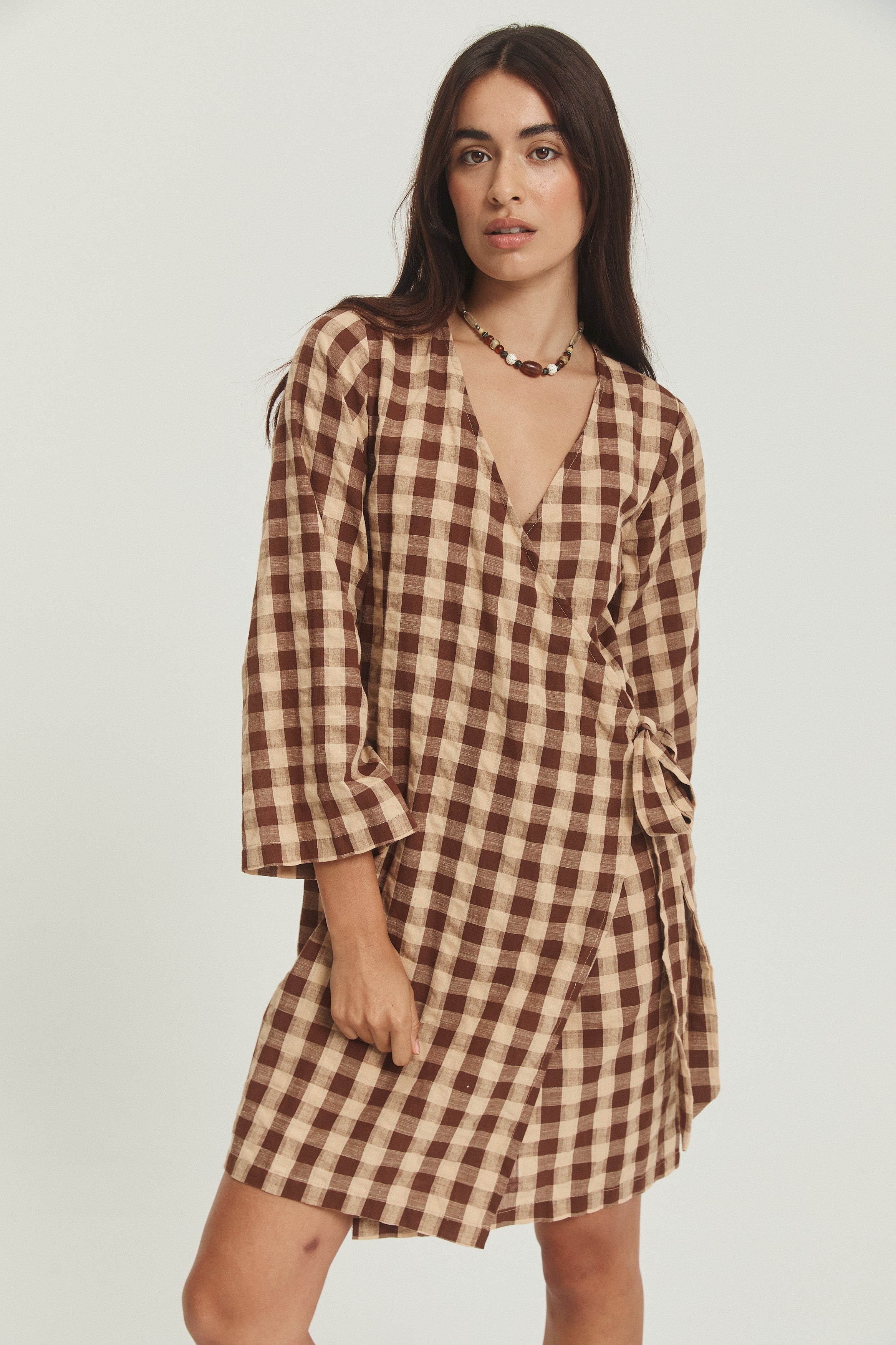 Quinn Wrap Dress - Mocha Gingham image 1