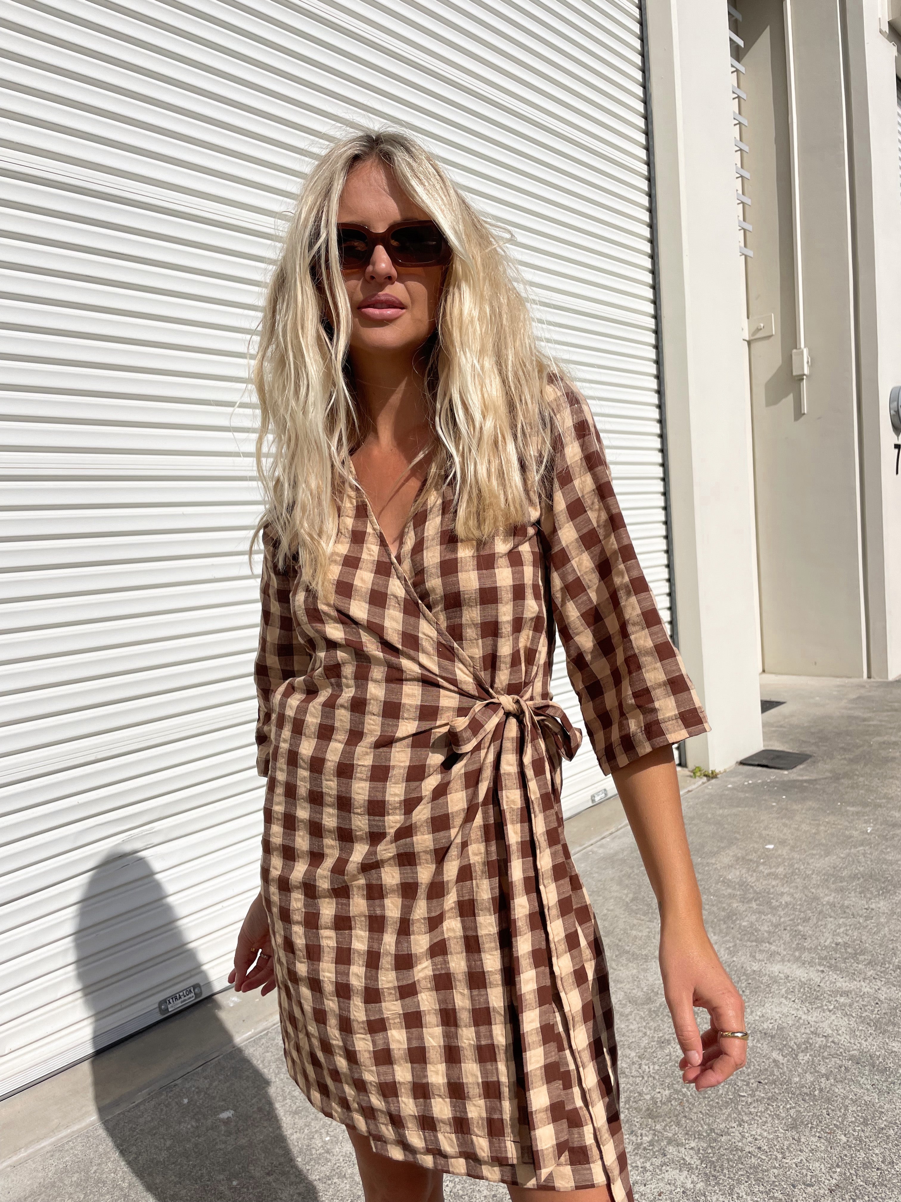 Quinn Wrap Dress - Mocha Gingham image 0
