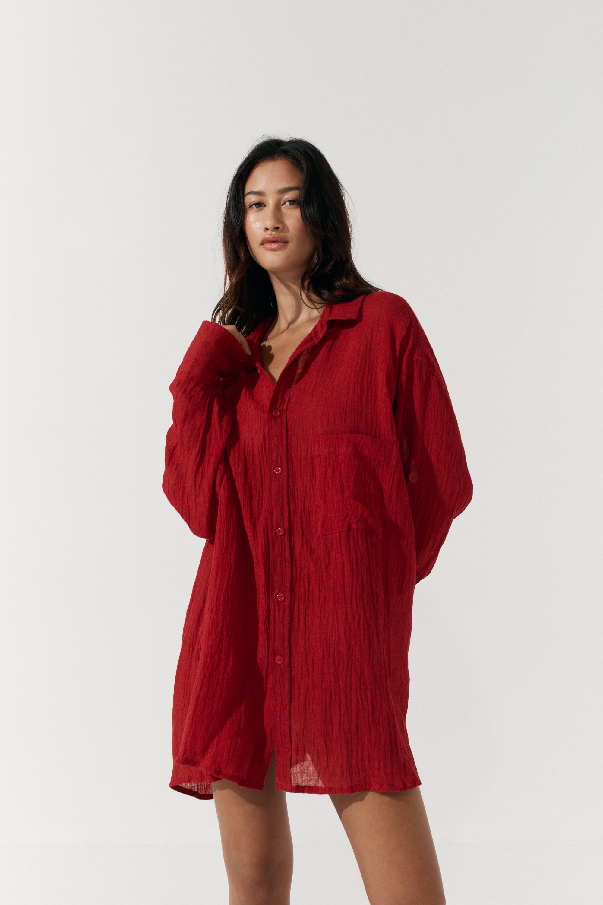 Josie Shirt Dress - Scarlet Linen Crinkle image 5