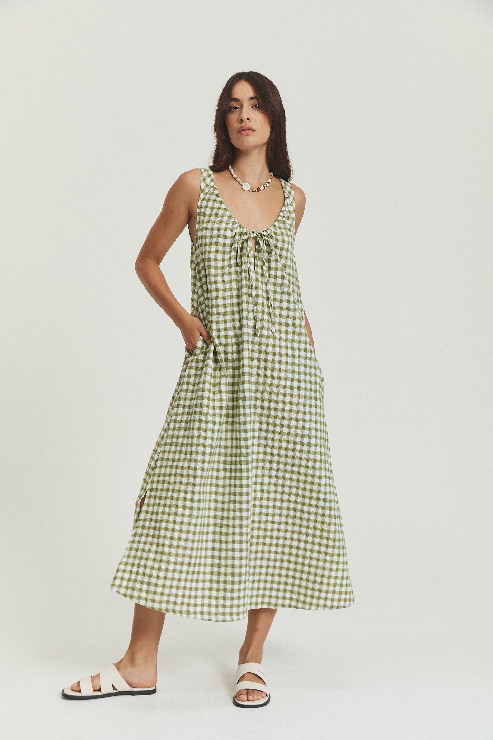 Bridget Midi - Olive Gingham Opia Bridget Midi - Olive Gingham Opia
