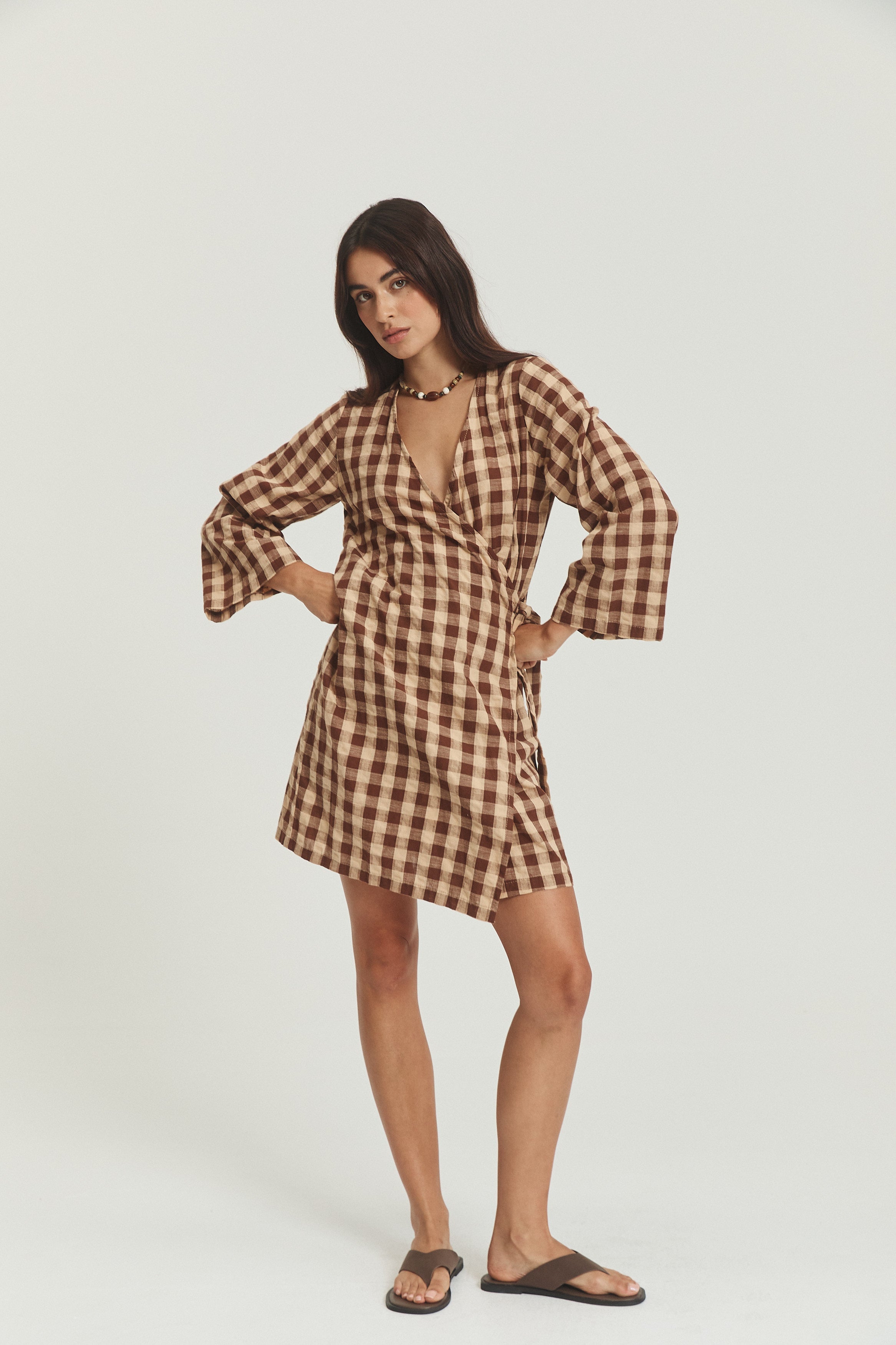 Quinn Wrap Dress - Mocha Gingham image 3