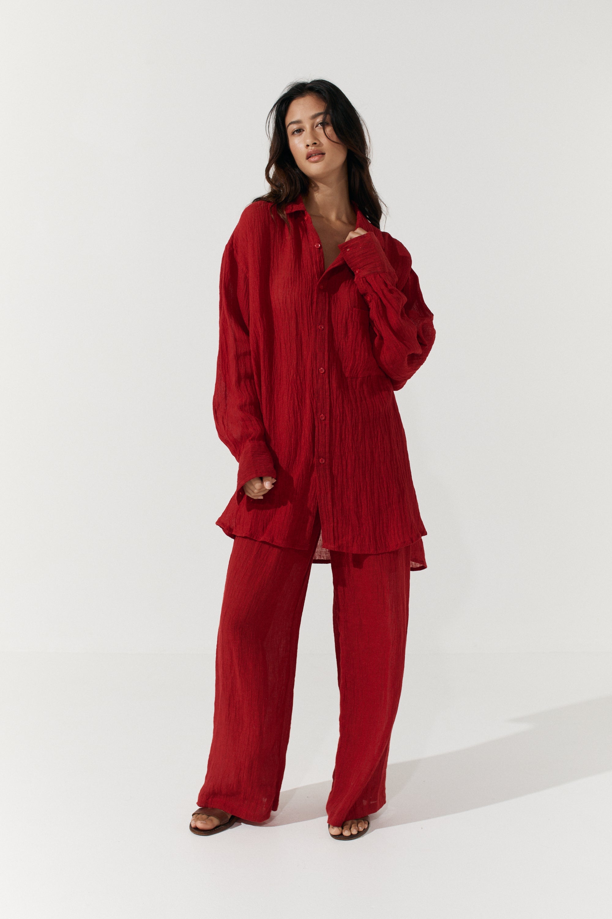 Josie Shirt Dress - Scarlet Linen Crinkle image 7