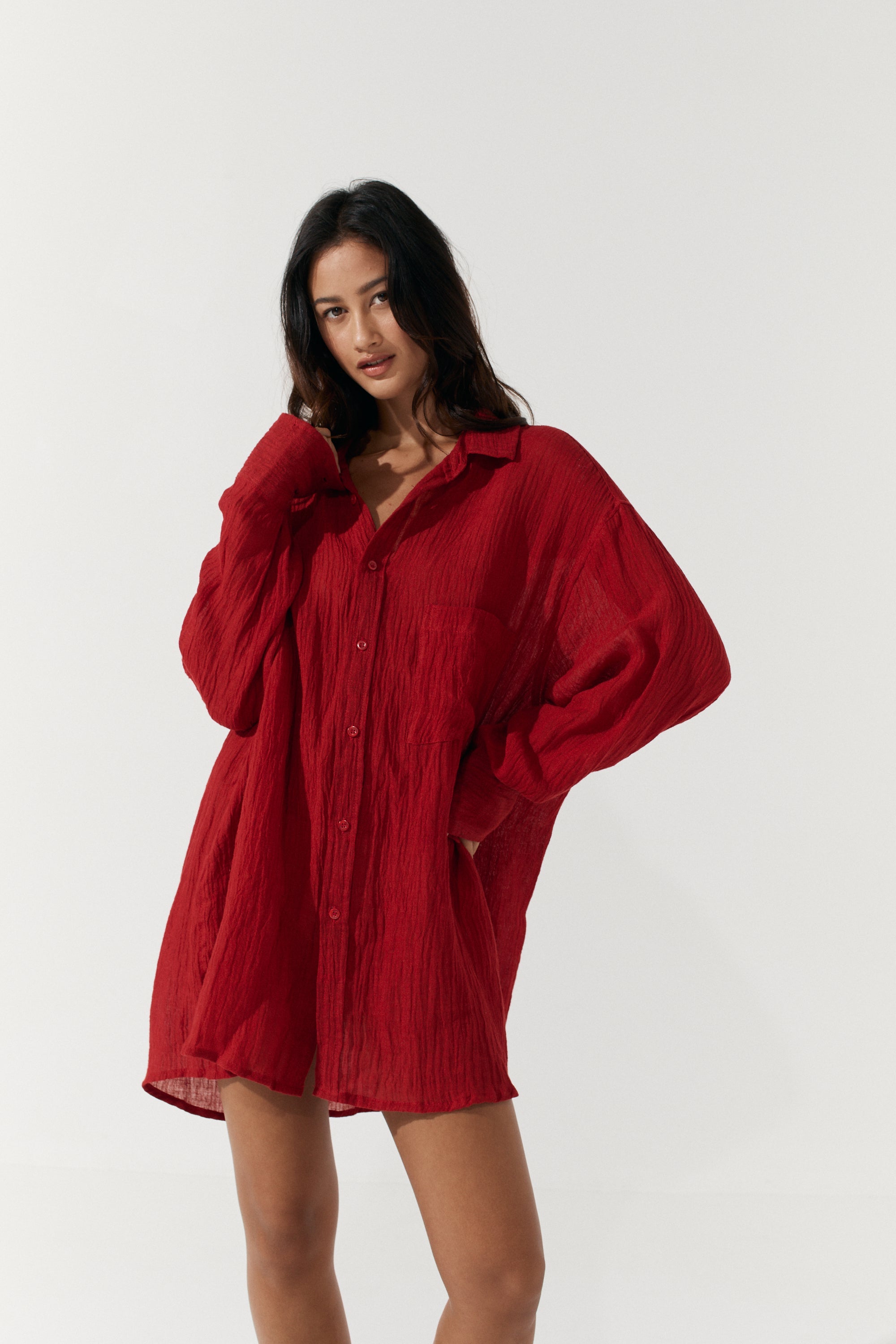 Josie Shirt Dress - Scarlet Linen Crinkle image 4